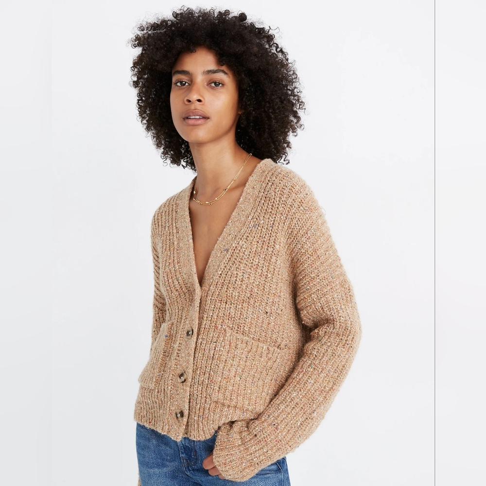 Madewell Speckled Rib Cardigan - Chunky Camel Knit Sweater